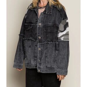 Pol Women's Patchwork Denim Corduroy Jacket Black Size S Button-Up